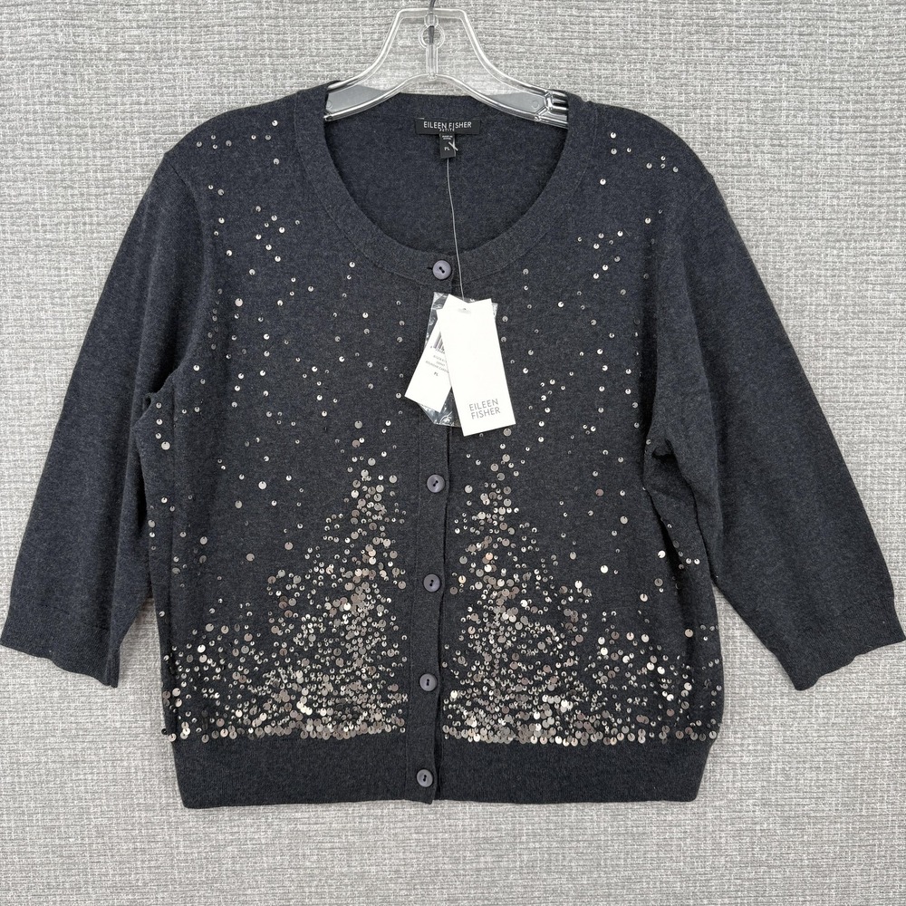 Eileen Fisher Cardigan Womens PL Gray Sequin Button 3/4 Sleeve Knit Round Neck